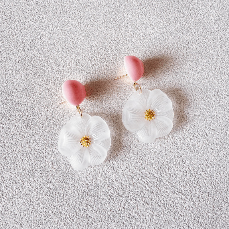 Boho Flower Earrings with Golden Stamens & Pink Balls Iron Posts